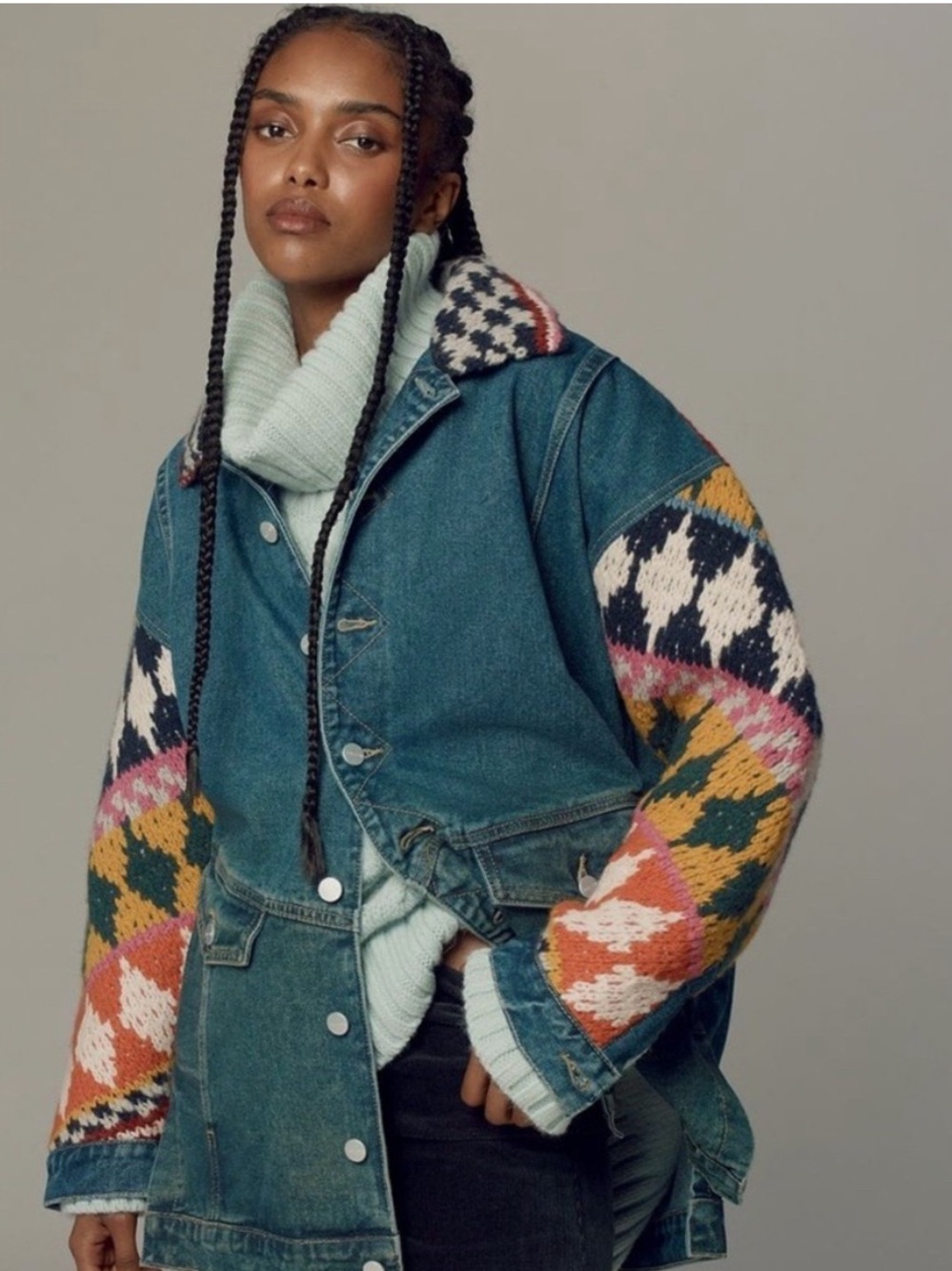 Anthropologie Teal Denim Jacket with Colorblock Knit Sleeves